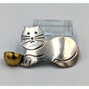 Sterling Silver Cat And Bowl Brooch Vintage 925 With Bronze Accent Kitten Pin